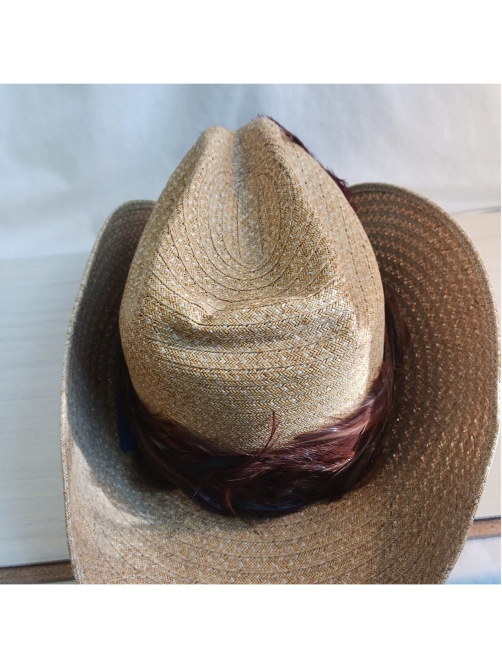 VTG Straw Cowboy Hat Small Pheasant Feathers - Picture 5 of 8